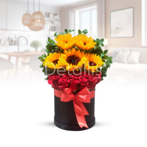 Caja de 12 rosas y 5 girasoles. Ideal para sorprender en fechas especiales